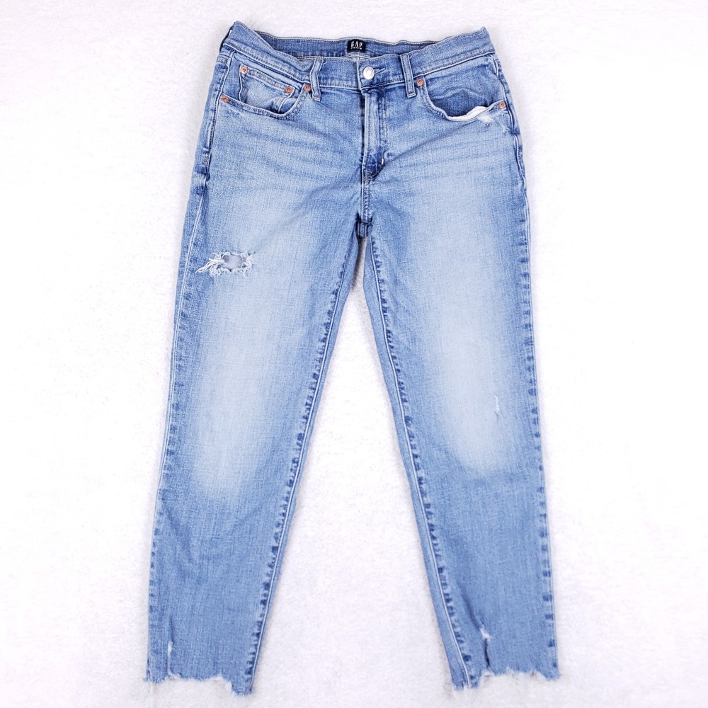 GAP Denim Girlfriend Jeans Womens 6/28 Light Wash Distressed Frayed Hem Stretch